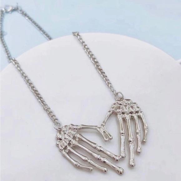 Skeleton Hands Heart- Gothic Dead Dark Love Romance Creepy Scary Horror Necklace - Picture 6 of 11